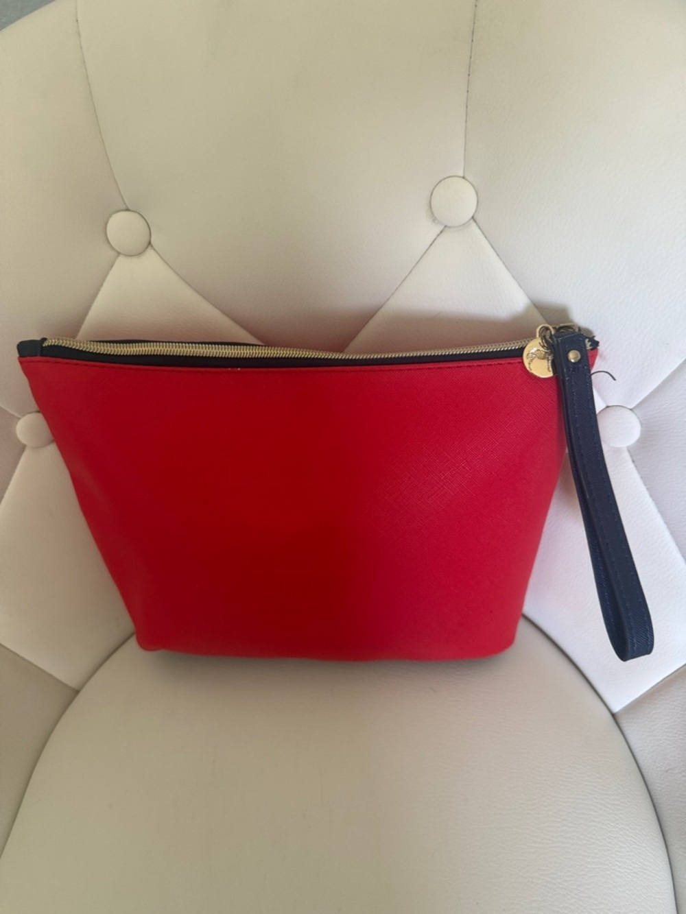Dabney Lee Red Zip Wristlet with Navy Strap toiletries Travel Bag or Make Up Bag - Picture 3 of 9